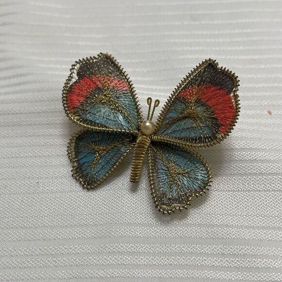 VTG Woven Wire Butterfly Brooch Pin Gold-Tone Black Simulated Pearl Colorful - Picture 1 of 5